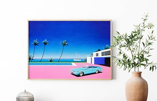 Affiche côtière vintage rose déco murale rétro japonais salon 70x110cm