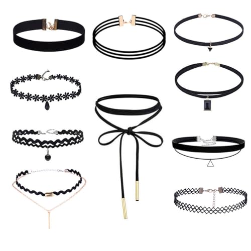 Juego de Gargantilla de 10 Piezas, Collar Negras Gothic, Damas Moda de Terciopelo Elástico Negra, CordóN Del Gargantillas Tatuaje Perfectos Tanto Para Mujeres Como Para Adolescentes