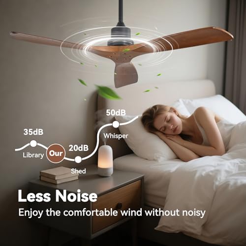 Image of Sofucor Ceiling Fan no Lights, 52 Inch Low Profile Flush Mount Ceiling Fans with Remote, Modern Wood Ceiling Fan for Bedroom Indoor Outdoor, 6-Speed Reversible DC Motor Dimmable Timer