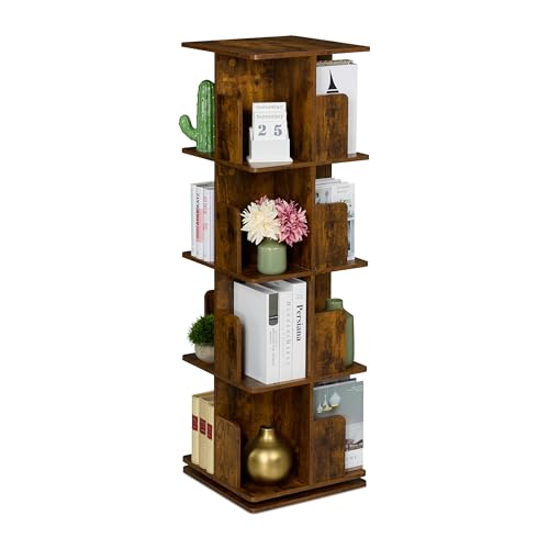 Relaxdays Bücherregal, 360 Grad drehbar, 4 Ebenen, Industrial Design, HxBxT: 125,5x39x39 cm, Wohnzimmer Drehregal, braun