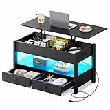 WLIVE Coffee Table, Lift Top Coffee Table with Drawers, LED Light, Large Storage and Open Shelf, Lift Tabletop for Living Room, Deep Black