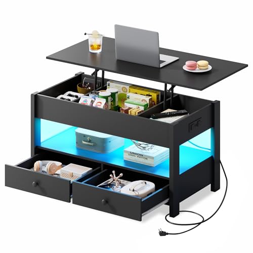 Image of WLIVE Lift Top Coffee Table with 2 Drawers Storage, LED Light, Black | Mid Century Modern Wooden Coffee Table, for Dining /Living Rooms /Offices; 39.4 inchW x 19.5 inchD x 19.1 inchH