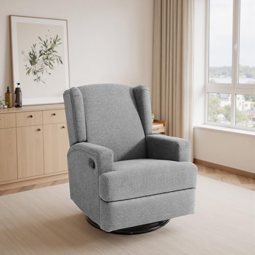 Image of Swivel Rocker Recliner Chair, 360 Swivel Wingback Recliner Chairs for Adults, Upholstered Glider Rocking Chair with High Back, Deep Seat for Living Romm Bedroom, Cotton Linen, Light Gray
