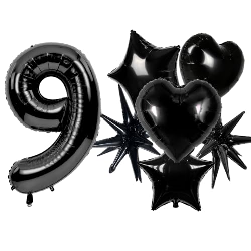 Image of TONIFUL 9th Birthday Balloons Kit 40 Inch Black Large Number 9 Foil Balloon | with 18Inch Helium Mylar Heart Star Balloons for Kids Women Men Birthday Anniversary Graduation New Year Eve Party Decoration