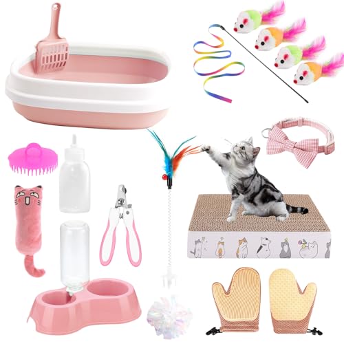 Kitten Starter Kit - 16 Pcs Cat Essentials Set Includes Litter Box, Toys, Collars, Scratch Pad, Nail File, Automatic Feed Bowls, Grooming Gloves (Pink, 16 Pcs)