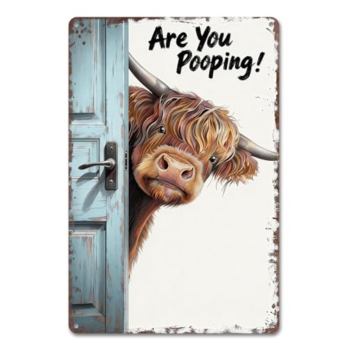 Funny Highland Cow Bathroom Sign - Are You Pooping Metal Tin Wall Art - Rustic Farmhouse Restroom Decor Gag Gifts 8x12 Inch26002