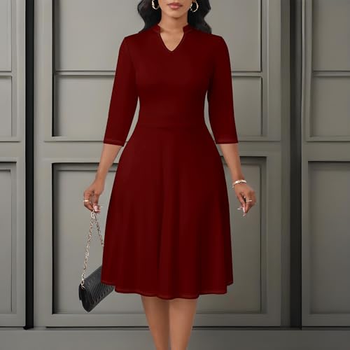 Image of PinkPatty Women's Semi Formal Midi Dresses 3 /4 Sleeve Solid Color Fit and Flare Dresses for Church Work Wine Red L
