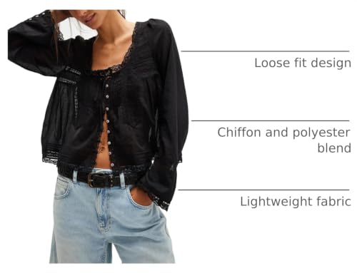 Image of Women Summer Sheer Tie Front Top Y2k Peplum Chiffon Blouse Eyelet Long Sleeve Flowy Lace Beach Cover Up Boho Tops