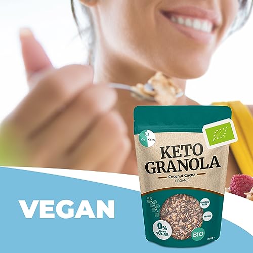 Go-Keto BIO Keto Granola Coconut Cacao 290g – Low Carb Keto Müsli für ein leckeres Keto Frühstück, mit Kokoschips, Nüssen, Früchten, Leinsamen, Sonnenblumenkern & Kürbiskern, vegan, glutenfrei