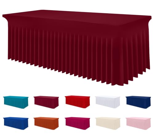 Image of Smiry Spandex Elastic Fitted Table Cloth Skirt for 8FT Rectangle Table | Stretch Washable Table Cloth, Banquet Table Cover for Wedding, Party, Indoor & Trade Shows, (Wine Red, 96Lx30Wx30H)