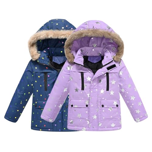 Girls' Flower Print Puffer Down Coat Winter Fur Jacket Parka Down Coat Kids Warm Cotton Puffer Outerwear (Purple, 5-6 Years)