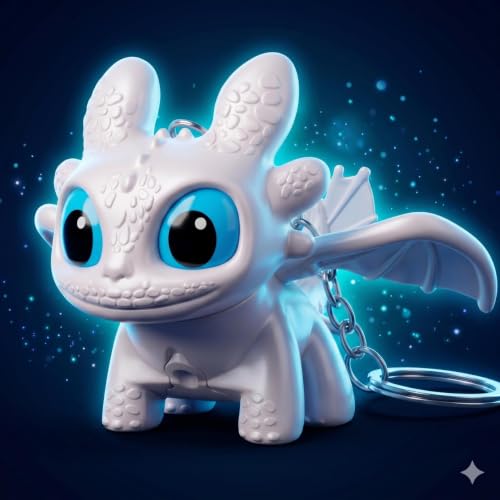 Image of DEVAR Dragon Keychain Toy with LED Light & Moving Wings, Night Fury Glowing Dragon Keychain | Mini Fantasy Figure Creature Charm for Car Dashboard, Bike Key, Backpack Bag Accessory & Kids Gift (White)