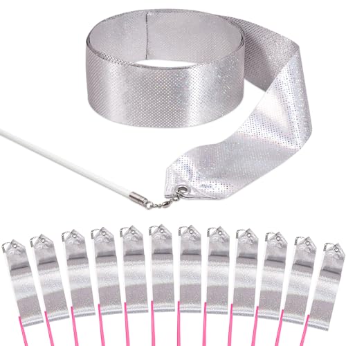 HiUnicorn 14PCS Sparkle Silver Dance Ribbon for Princess Fairy Olympic Rhythmic Gymnastics Ballerina Birthday Party Favors Decorations, Kids Ribbon Dancer Wands Twirling Streamer for Summer Toys