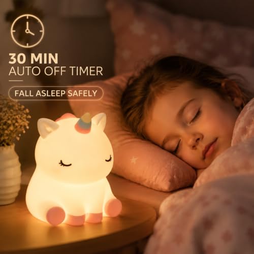 Image of Rytinazzz Unicorn Night Light for Kids, Rechargeable Silicone Unicorn Lamp with Tap Control, 30-Min Auto-Off Timer, Soft Dimmable Nursery Bedside Light, Gifts for Girls