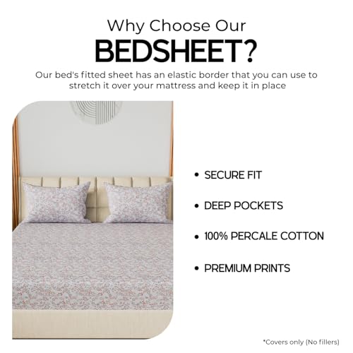 Image of LINENWALAS 100% Cotton Elastic Fitted Bed Sheet for Single Size Bed | Fits 6-12 Inch Mattress | Soft, Breathable, Oeko-TEX Certified Premium Bedsheet with 1 Pillow Cover (36x78 Inches, Blush Meadow)