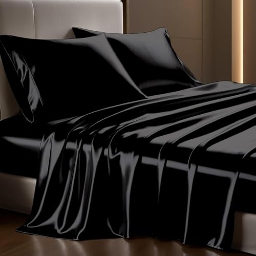 Image of elanorhomes 300TC Premium Satin King Size Bedsheet 93 * 108 inches with 2 Pillow Covers | Ideal for Summers & Winters | Valentine for Couples, Romantic Dates, and Weddings (Crown Black)