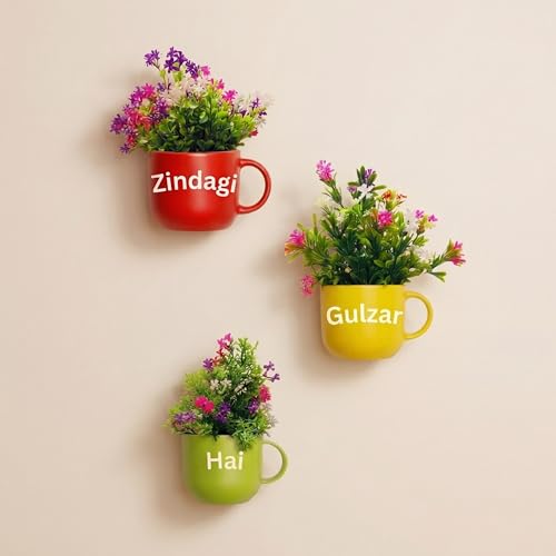 Image of Dekorly Wall Hanging Mug Planters with Artificial Flowers (20CM) - Decorative Hanging Cups, Colorful Floral Wall Decor for Living Room Bedroom Balcony Office Gift Set (3, Zindagi Gulzar Hai)