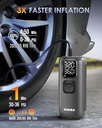Image of T22 Tire Inflator Protable Air Compressor, 160PSI Air Pump, 3x Faster Auto Cordless Tire Pump, Smart Electric Pump with LED Light and Digital Display for Car Motorcycle Bike and Ball, Gray