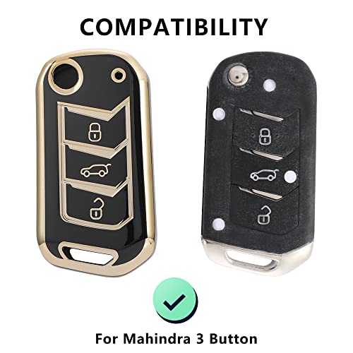 Image of Keyzone TPU Car Key Cover and Keychain Compatible for: Scorpio-N, TUV 300 Plus, XUV 300, XUV700, Marazzo, Bolero 2020, Scorpio, Thar Flip Key (Gold Black with Zinc Alloy Keychain)