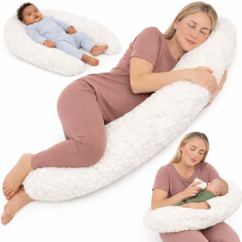 Home Oase Stillkissen 190 cm Schwangerschaftskissen mit Teddyplüsch Bezug aus Baumwolle Oeko-Tex (abnehmbar & waschbar) ergonomisch und perfekt zum Stillen Schlafen & Relaxen