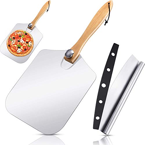 Pizza Peel with Cutter | Aluminum Pizza Paddle 12 x 14 with Foldable Wooden Handle and 14 Pizza Rocker Cutter included | Pizza Paddle and Cutter Combo for Baking Homemade Pizza Bread