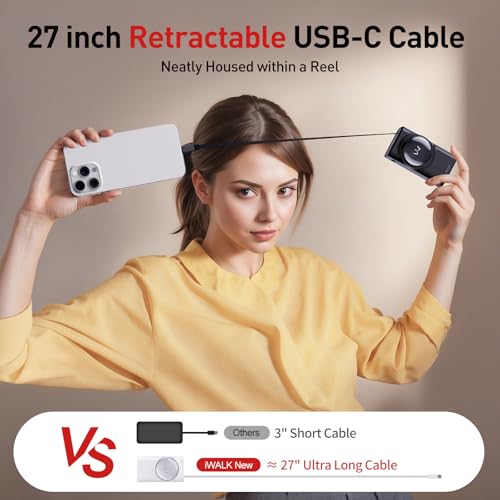 Image of iWALK Portable Charger, 10,000mAh 30W Max Compact Power Bank, Travel Essential Phone Battery Pack with 2.3 ft Retractable Cable for iPhone 17 /16 Series, iPad, Galaxy, Pixel, and More