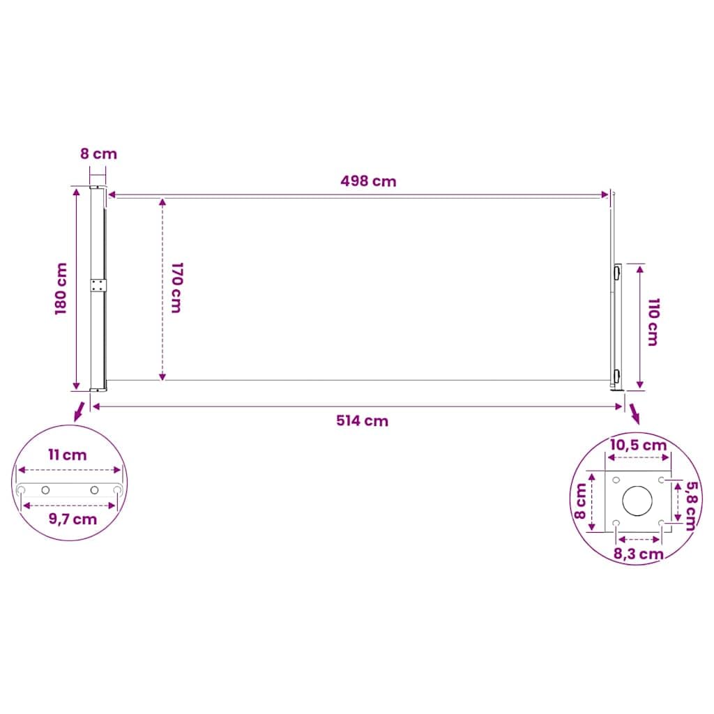 Tenda da sole laterale, estensibile, 180 x 500 cm, nera, resistente ai raggi UV e all'acqua, per balcone, terrazza, protezione dal vento, per giardino, campeggio