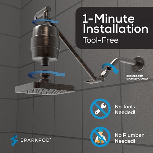 Image of SparkPod 6 inch High Pressure Rain Shower Head with 23 Stage Filter Capsule & 11 Inch Adjustable Shower Arm Extension - Shower Filter Reduces Chlorine for Smoother Hair & Skin (Square, Oil-Rubbed Bronze) | Showerhead for Hard Water, High Pressure Shower Head, Adjustable Showerhead, Universal Connection, Gain Space & Style