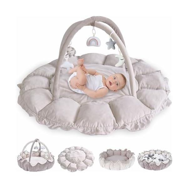 5 in 1 Baby Spielmatte Spielbogen 130CM Krabbeldecke mit 5 abnehmbaren Baby Spielzeugen zum Greifen Spieldecke Krabbelmatte als Geschenk zur Geburt