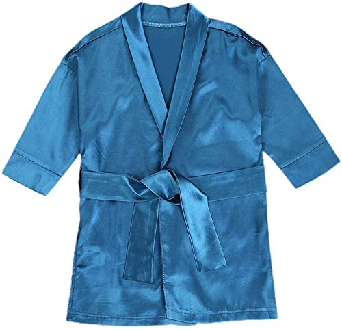 JUNYN Baby Girl Solid Color Pajamas Silk Satin Gown Sleepwear Plain Kimono Robe Toddler Kids Nightwear Outfit (Blue, 6-12 Months)