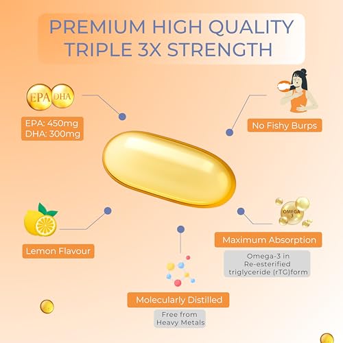 Image of Re-Esterified Triglyceride (RTG) Form Omega 3 Fish Oil Capsules | Triple 3X Strength 450mg EPA & 300mg DHA | Vitamin D3 K2-MK7 & Vitamin E | Lemon Flavour | Burpless | 30 Softgels