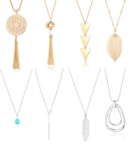 Jstyle 8Pcs Long Pendant Necklace Set Women Bar Circle Leaf Tassel Y Statement Necklace Silver Gold Plated Chain Necklace Set