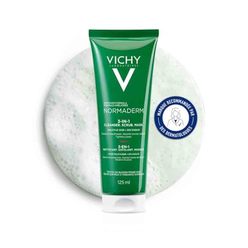 Vichy, Normaderm, Nettoyant Exfoliant Masque 3-en-1, Soin visage Polyvalent Multi-Usage, Absorbe l&rsquo;Excès de Sébum et Affine le Grain de Peau, Peaux Grasses à Imperfections, 125 ml
