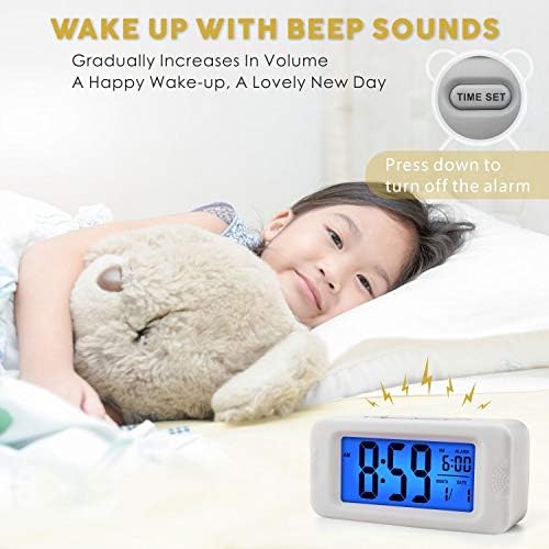 Plumeet Digital Alarm Clock, Light Up All Night, 4'' LCD Display Showing Time Alarm Date, Bedside Clocks with Snooze for Bedroom Kitchen Office Battery Operated (White)