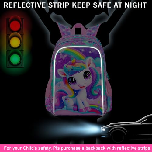 3Pcs Unicorn Backpack for Girls, 16" School Backpacks Set for Elementary Preschool Kindergarten, Kids Bookbag with Lunch Box(Pink)3