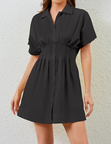 Women Button Front Pleated Shirt Dresses Summer Casual Short Sleeve Pleated Blouse Mini Dress4
