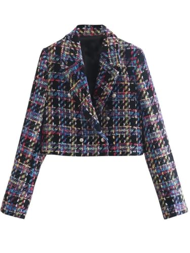Women's Fashion Double Breasted Plaid Tweed Short Suit Jacket Retro Long Sleeve Jacket Fashion Tops2