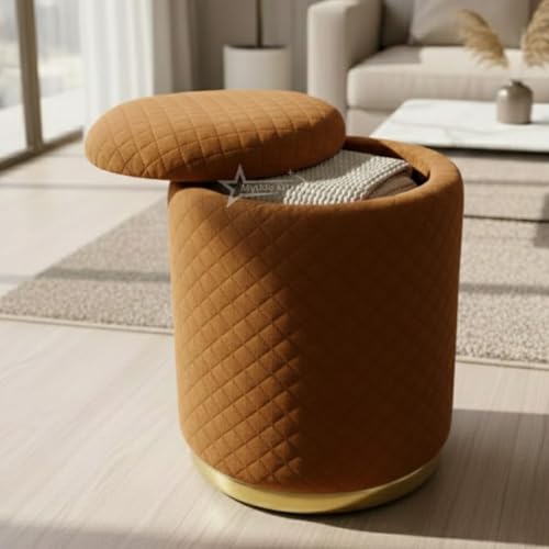 Image of Premium Round Storage Ottoman Stool 16 X 16X 19 inch, with Gold Metal Base | Luxury Pouffe with Hidden Storage | Cushioned Footrest for Living Room, Bedroom & Lounge Brown