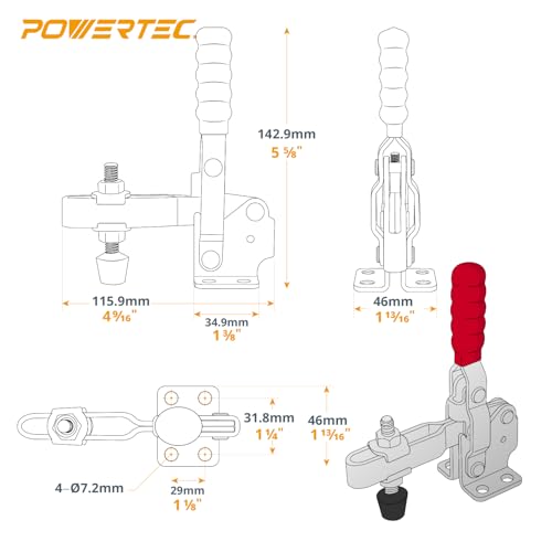 Image of POWERTEC 1PK Toggle Clamp, 500 lbs Holding Capacity, 12130 Quick Release Vertical Clamps w / Antislip Rubber Pressure Tip for Woodworking Jigs and Fixtures, Welding, Drill Press, Crosscut Sled (20305), Pack of 1