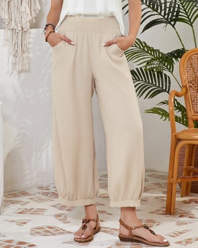 Womens Linen Wide Leg Pants Summer Beach Palazzo Harem Pants Casual Ankle Length Trouser Slacks4