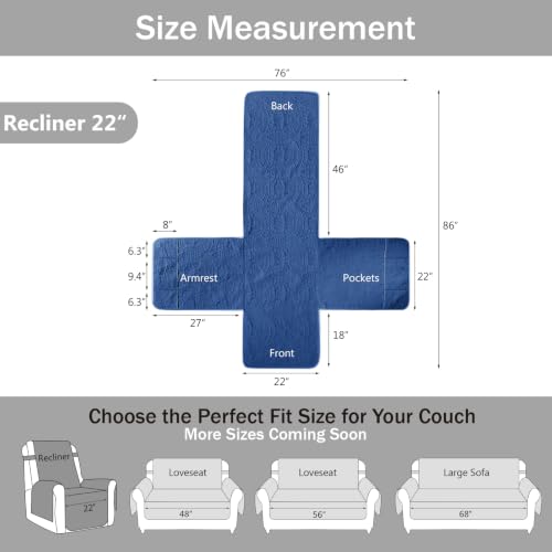 Image of Blue Quilted Recliner Covers, Waterproof Recliner Chair Covers, Lazy Boy Chair Covers, Pet Friendly Recliner Slipcover for Dogs, Washable Sofa Couch Cover (Recliner 22 inch, Blue)