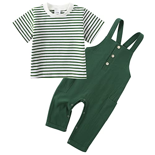 Image of ZOEREA Baby Boy Clothes 2Pcs Toddler Boy Striped Short Sleeve T-Shirt + Overalls Pants Set 6-12 Months Baby Boy Outfits