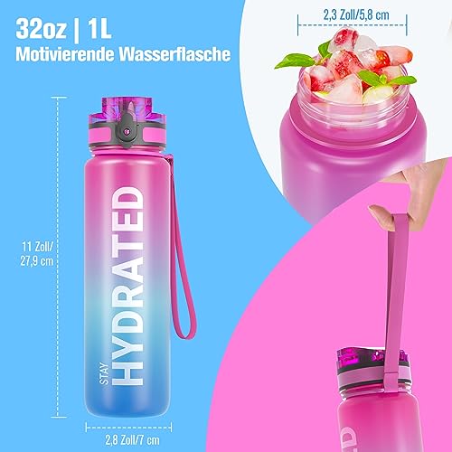 Sahara Sailor Trinkflasche, BPA-Frei Tritan, 1L/500ML/750ML Auslaufsicher Trinkflasche mit Zeitmarkierung für Gym, Sport, Outdoor, Schule, Job