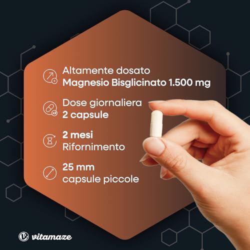 Magnesio Bisglicinato 1500 mg in sole 2 capsule piccole al giorno altamente dosate e vegane, di cui 300 mg di magnesio elementare, Per ossa e stanchezza, 120 capsule, Senza additivi, Made in Germany - 2