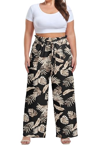 Image of OLRIK Women's Plus Size Pants Adjustable High Waisted Wide Leg Palazzo Pants Casual Trousers with Pockets Spring Clothes