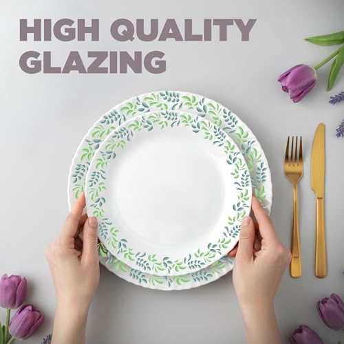 Image of Treo by Milton Opalware Aurelia Verdinia Dinner Set of 35 | Serving for 6 | Microwave & Dishwasher Safe | Bone-Ash Free | Tempered Toughness | Plates, Bowls, Spoons | Crockery Set for Dining & Gifting