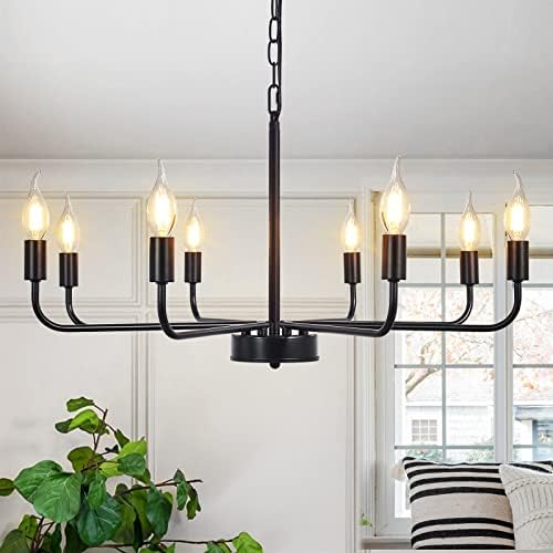Matte Black Chandelier, Modern Farmhouse Candle Ceiling Light for Dining Room Comtemporary 8 Lights Pendant Lights Fixtures Rustic Industrial Chandeliers for Kitchen Island Living Room Bedroom Foyer
