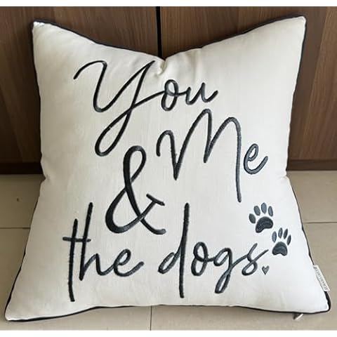 EURASIA DECOR You Me & Dogs Quote Embroidered Decorative Square Accent Throw Pillow Cover - Gift for Dog Lover, Pet Lover, Pet Parents - 18x18 Inches, Ivory Cover