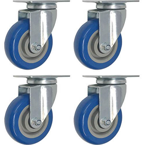 4 Pack Caster Wheels Swivel Plate On Blue Polyurethane Wheels (3 inch Plate)