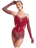 Manyakai Maillot de Baile Latino para Mujer Body de Patinaje Artístico Maillot con Flecos y Pedrería Brillante y Guantes de Malla Vestido Baile de Salón Tango Rumba S-XXL Rojo S